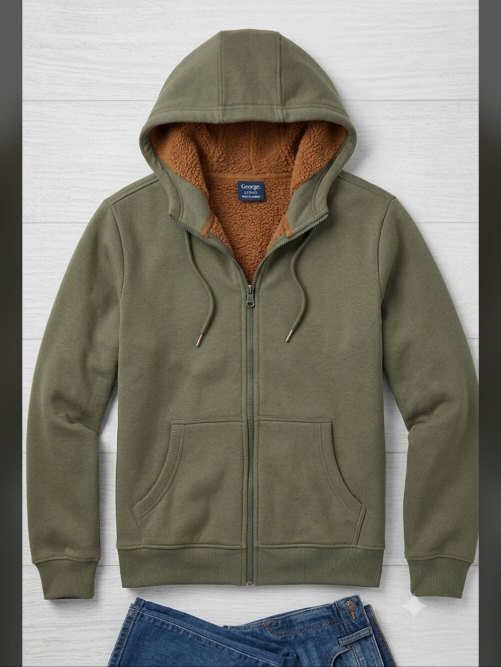 Men's Olive Sherpa-Lined Zip Hoodie